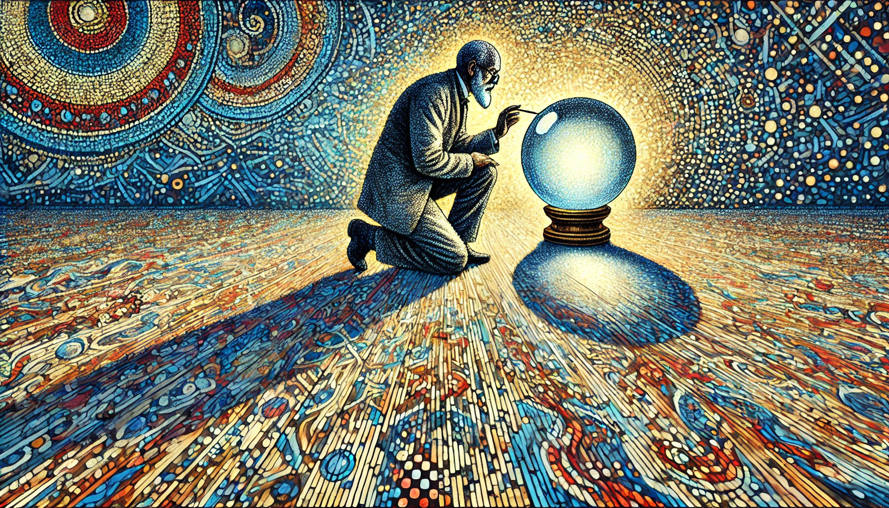 professor peering into crystal ball - impressionistic pointillist style