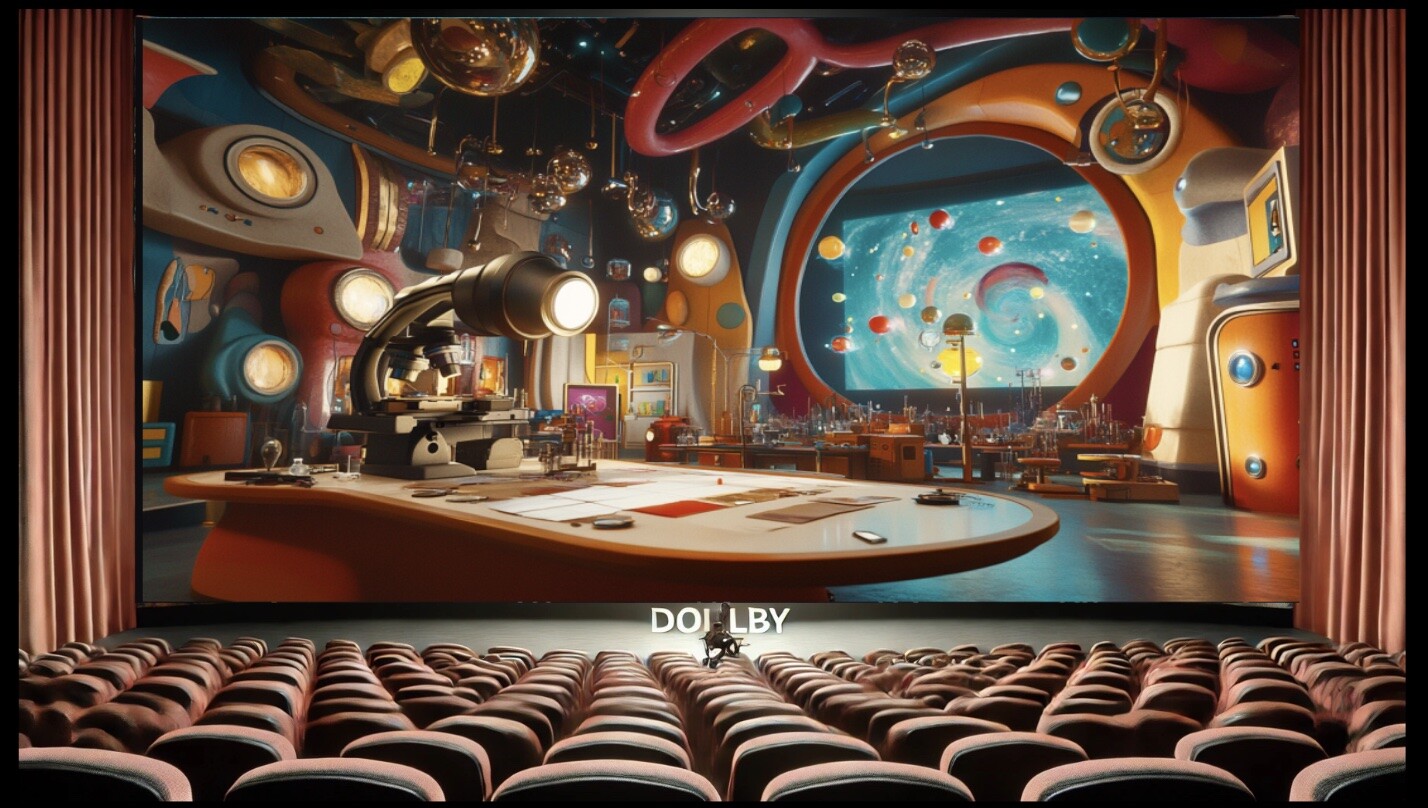 Dalle image of Dolby cinema with MidJourney image on the screen
