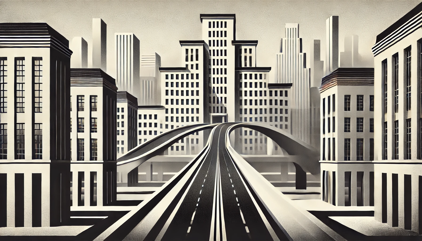 Mid-century urban landscape in Bauhaus style, featuring a large road leading over ancient bridge
