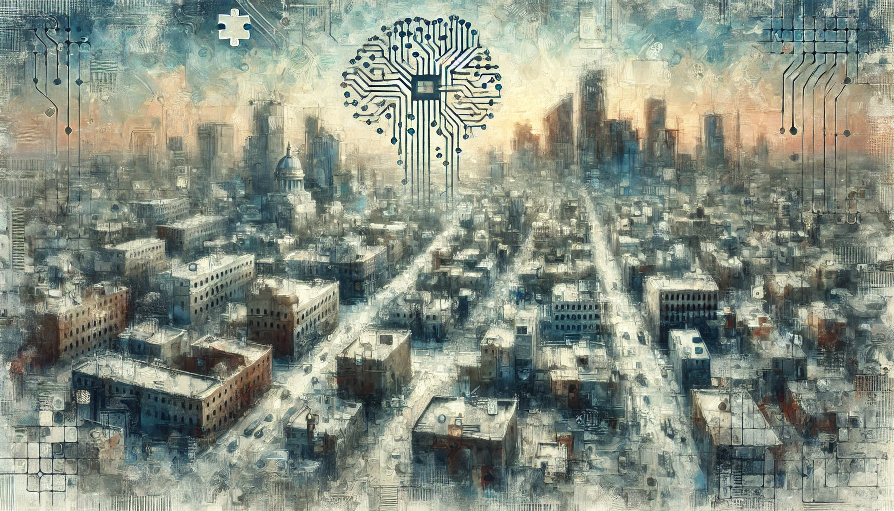 Urban neural network in impressionistic fauvist style with muted tones, symbolizing fusion of urban life, tech & innovation through intricate, interconnected forms