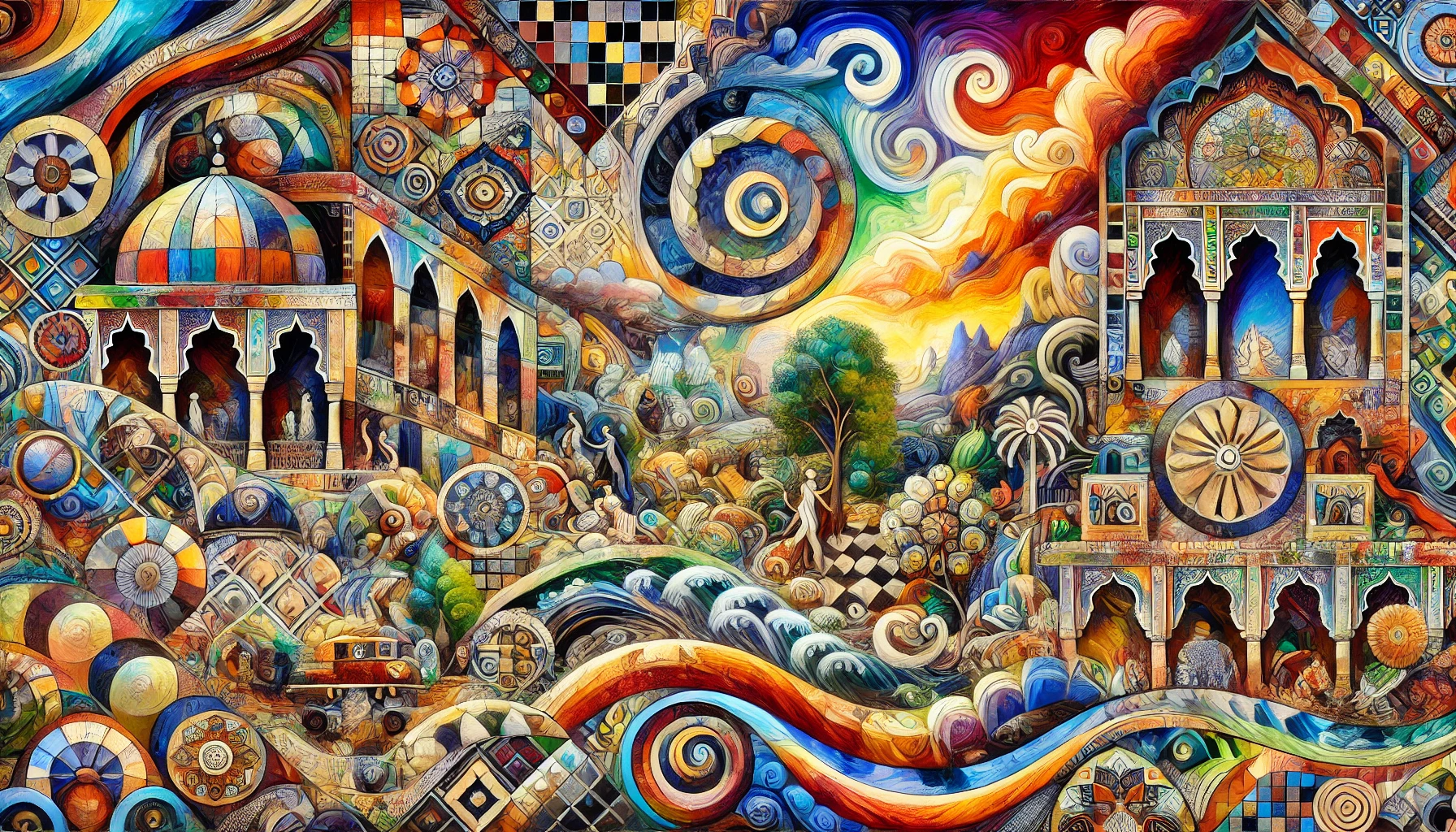 Boundless creativity, blending fauvist colors, mosaic patterns, intricate Arabic designs & Renaissance Indian miniature details