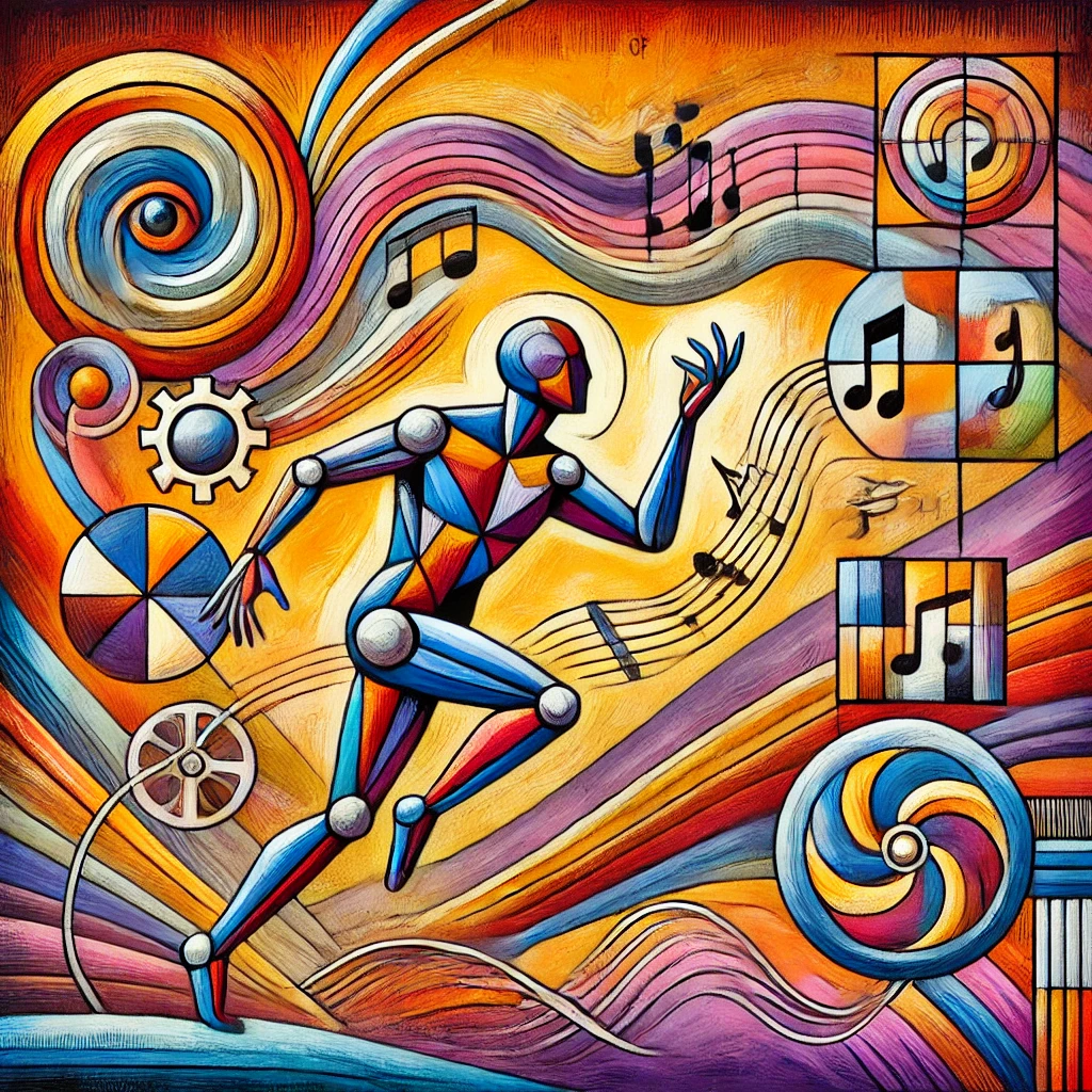 This vibrant visual showcases an androgynous robotic choreographic creator, designed in a fusion of Fauvist & Bauhaus styles. It artfully attempts to capture the concept of reliability, symbolized by the figure as it navigates & interacts with the intricate web of multimedia communication. The dynamic composition aims to embody the seamless connection btw language, images, audio, video - blending bold colors w/ geometric precision.