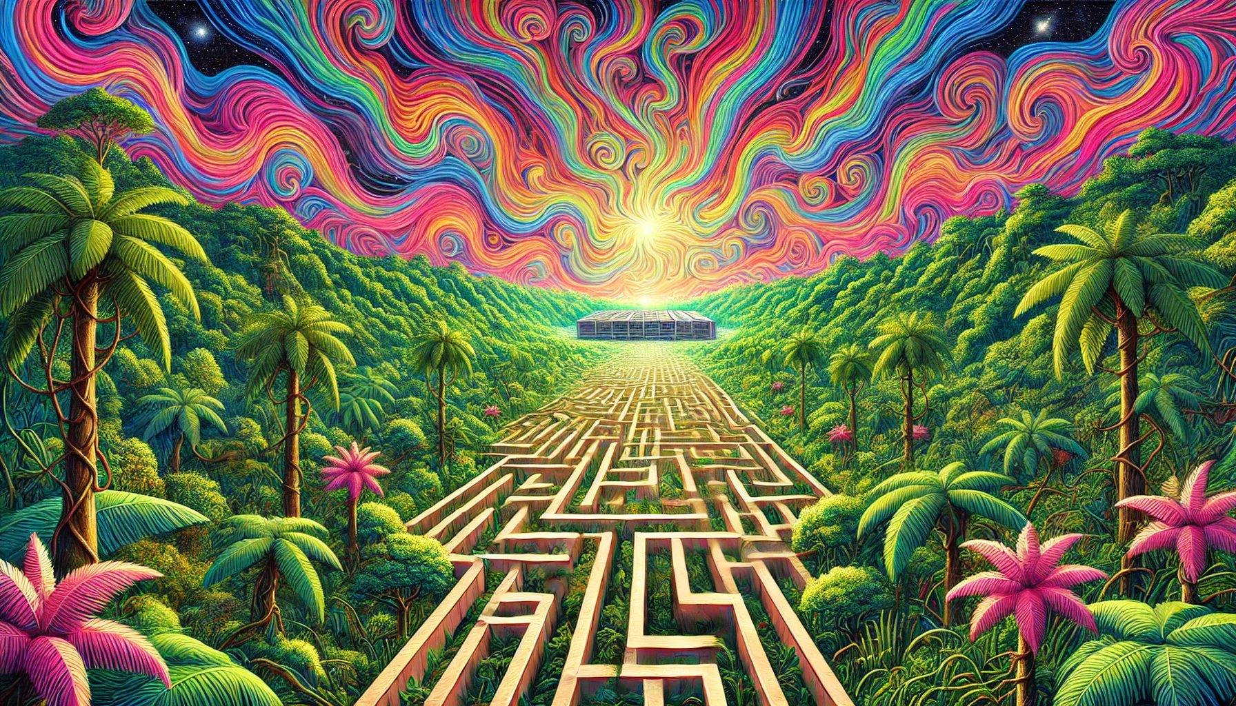 Lush Amazon forest with a labyrinthine path leading to an AI factory beneath a kaleidoscopic sky