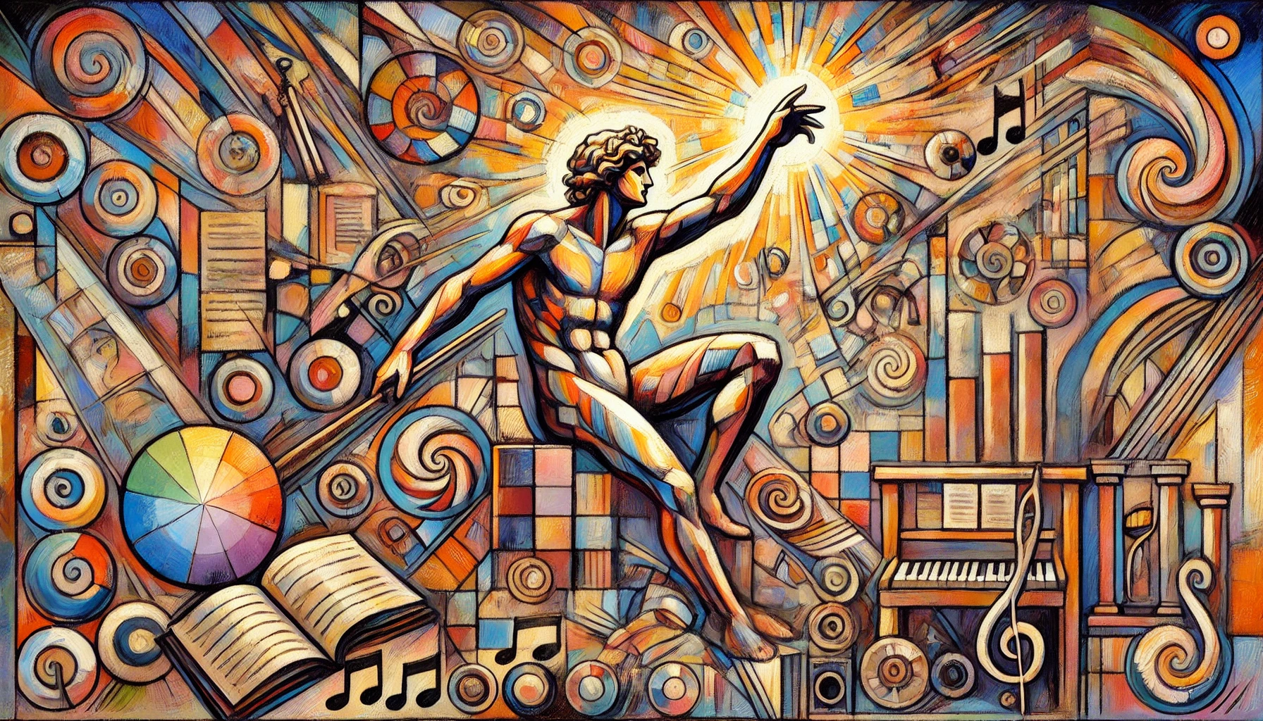 Fauvist-style illustration featuring Apollo, symbolizing the production of intelligence with an emphasis on cultural narratives & expression.