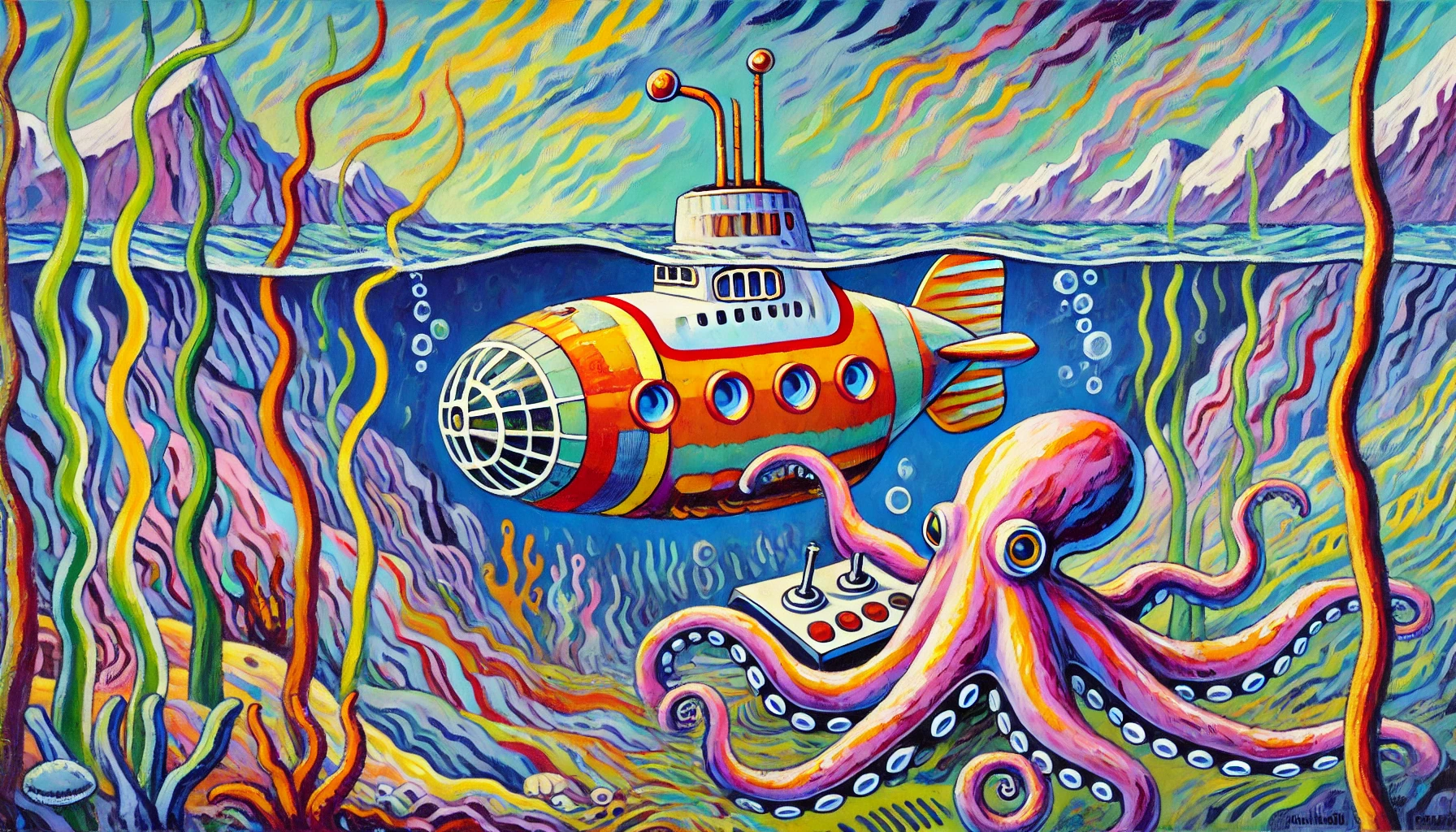Fauvist style landscape with Octopus driving 1970s album cover-inspired submarine remotely