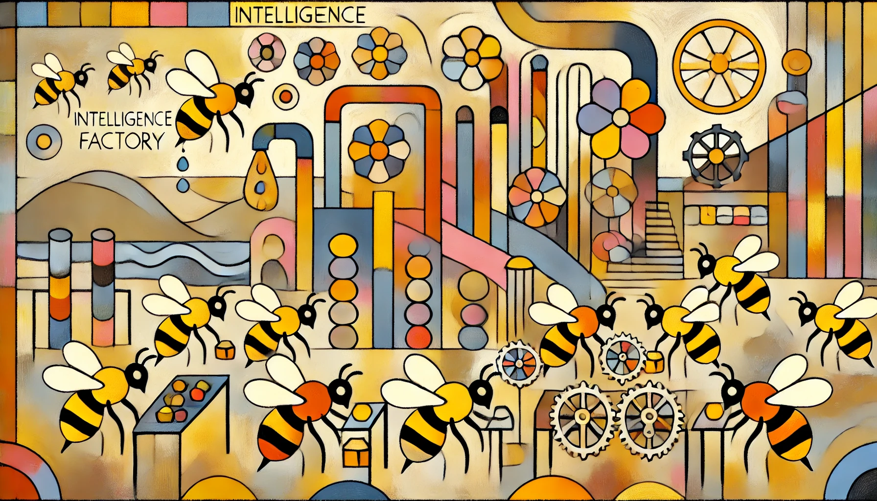Fauvist minimalist landscape depicting an intelligence factory for bees.