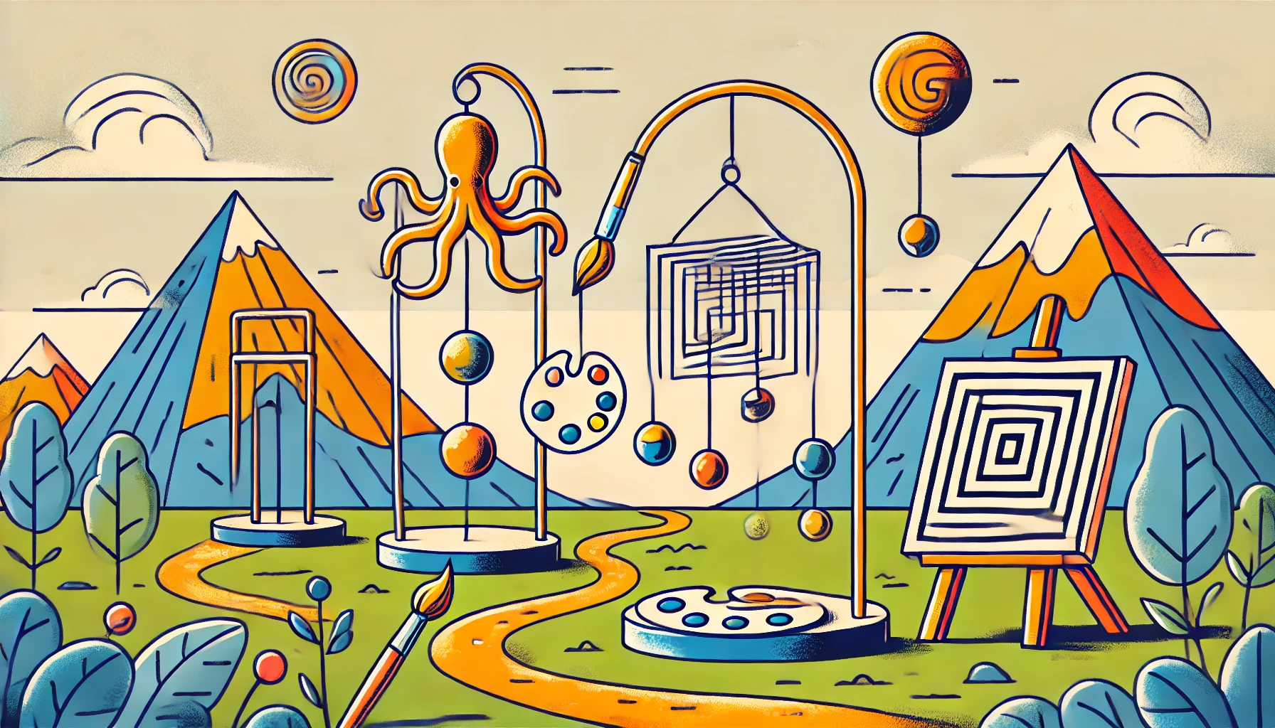 Fauvist style, featuring three Calder-like outdoor mobiles with distinct symbols for AI milestones. The floating octopus represents analyzing language, the paintbrush and palette symbolize generating art, and the labyrinth stands for solving puzzles.