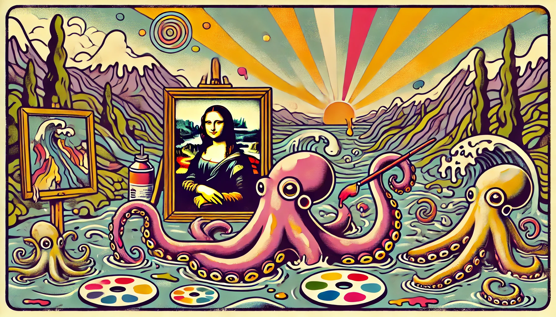playful Fauvist-style landscape featuring octopus painting Mona Lisa in vibrant aesthetic of 1970s record cover