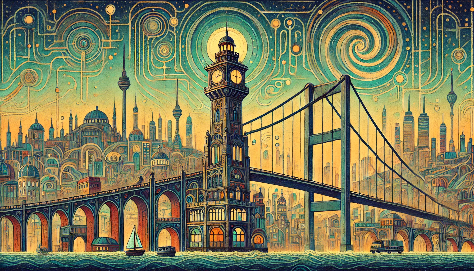 Ancient futuristic bridge crossing Bosphorus with giant lighthouse transitioning into open-source neural network. Manhattan skyline depicted in minimalist Fauvist style with playful muted colors