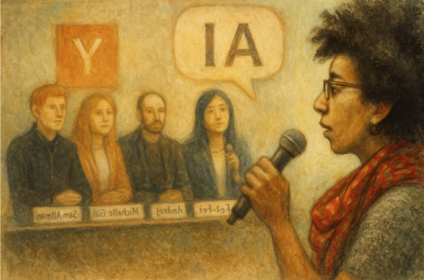 Imagining Dr. Timnit Gebru synthetically questioning imaginary AI leadership panel moderated by Dr. Fei-Fei Li, featuring Karpathy, Gill, Altman,
