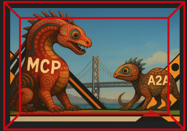Two protocol beasts clash in the Bay Area, circa 2025. The established giant (MCP) demonstrates real interoperability prowess while the scrappy newcomer (A2A) promises coordination futures that may never materialize. Rendered like a WPA poster meets Rousseau&rsquo;s jungle fever dreams. One solves today&rsquo;s problems, one chases tomorrow&rsquo;s maybe.
