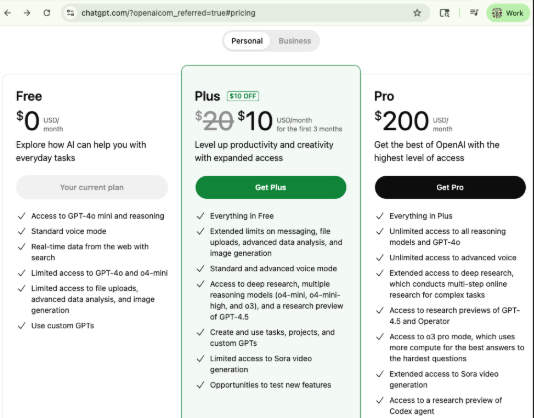 OpenAI US Consumer Pricing - July 2025