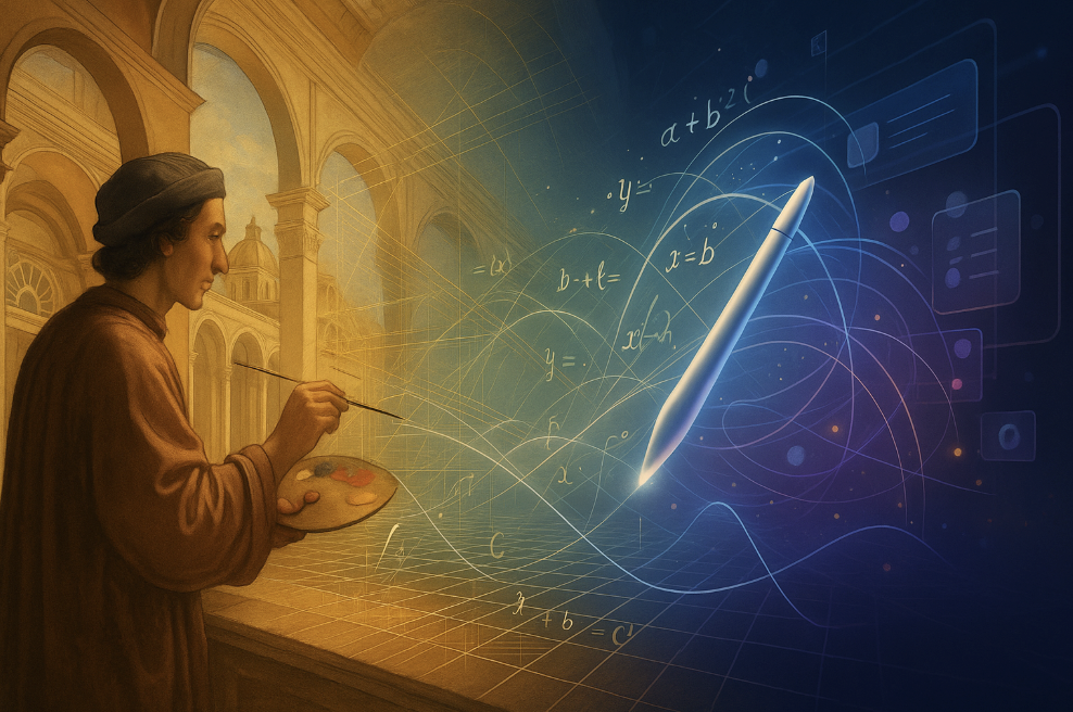 Renaissance artist to ambient computing transition: From Brunelleschi’s perspective to ambient intelligence: Math principles that transformed art now guide computing’s discovery of its 3rd dimension rendered in cinematic split-screen w/ warm oils transitioning to cool digital luminescence