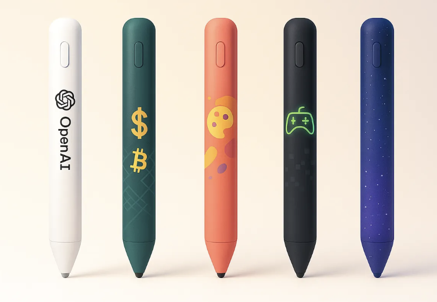 Group of 5 specialized pens author imagines specialized ambient wands: IO, crypto, creative workflows & celestial navigation (one may require pocket protector), rendered in clean product photography w/ distinct iconography