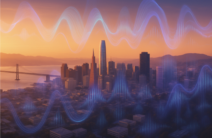 SF Bay Area w/ sound waves: Voice & sound innovation converging in Bay Area visualized as ethereal aurora-like frequencies flowing thru urban landscape