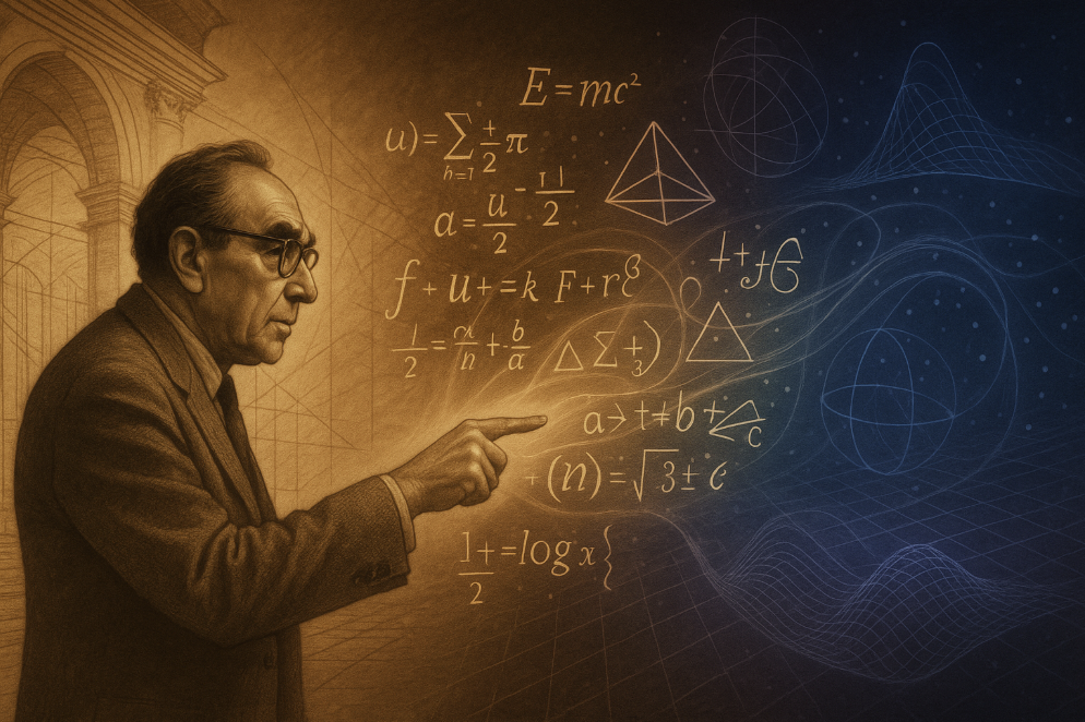 Bronowski-style figure w/ mathematical equations: