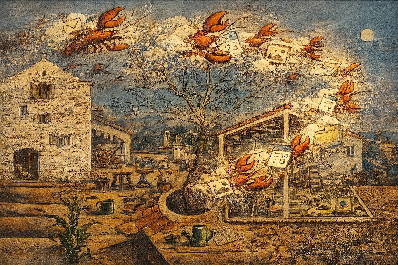 Authors mashup of lobsters chasing apps superimpose on Joao Miro’s The Farm